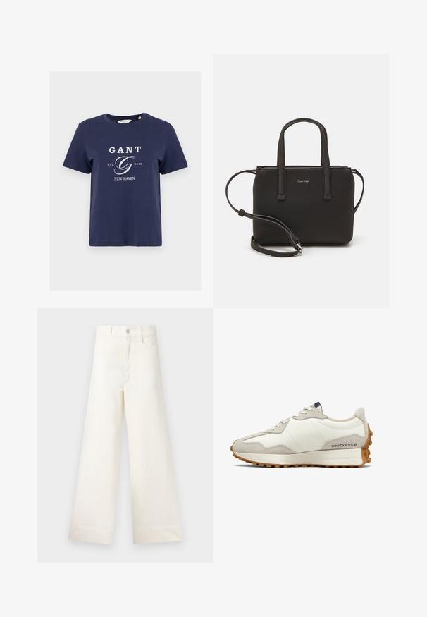 Tumedast sinine puuvillane T-särk, ümar kaelus, lühikesed varrukad, millel on valge graafiline logo, millel on kiri "GANT", "EST. 1949" ja "NEW HAVEN."; Laiad püksid heleses puuvillas. Omavad kõrget vööd, ees on taskud ja sirge lõige. Puhtad ääred ilma mustriteta.; Valge ja beež sneaker, millel on sile nahast pealismaterjal, tekstiil aktsendid, ümar varvas ja tekstuuriga kummist välispind. Brändi nimi on trükitud küljele.; Musthave mustrans vöö ja eemaldatav õlarihm. Gludike nahk siledaga, millel on tõmblukk ja logo detail.