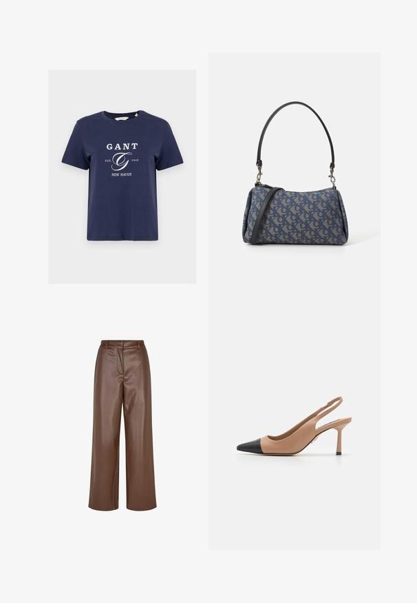 Tamsiai mėlynas medvilnės marškinėliai, su apvaliu kaklu, trumpomis rankovėmis, su baltu grafiniu logotipu "GANT," "EST. 1949," ir "NEW HAVEN."; Rudos dirbtinės odos plačios kojos kelnės su lygiu paviršiumi, diržo kilpomis ir priekinėmis raukšlėmis ties juosmeniu.; Nude odos slingback bateliai su kontrastinga juoda smailiu nosimi. Rekomenduojamas trumpas, lieknas kulnas ir lygus, blizgus paviršius.; Mėlyna audinio rankinė su raštu, turinti išlenktą formą, juodą odinį dirželį ir logotipo dizainą šviesesnėmis spalvomis.