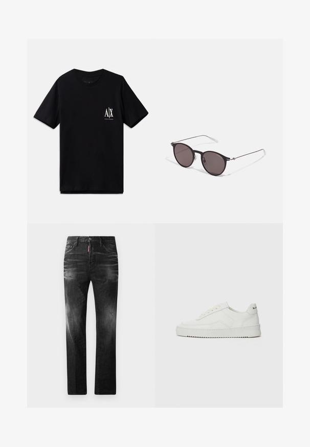 Čierne tričko s krátkym rukávom z bavlny, s malým bielym logom na ľavej hrudi. Jednoduchý strih s okrúhlym výstrihom, hladká textúra.; Čierne denimové džínsy so štandardným strihom. Obsahujú vyblednuté oblasti, drobné opotrebenie, klasický dizajn s piatimi vreckami a zapínanie na gombík.; Biele kožené tenisky s hladkým povrchom, okrúly špičkový dizajn, ploché šnúrky a textúrovaná podrážka. Obsahujú jemné logo na päte.; Čierne okrúhle slnečné okuliare s tmavými sklami a tenkými kovovými ramenami. Obsahujú priehľadné konce rámov a strieborné akcenty na pántoch. Minimalistický dizajn.