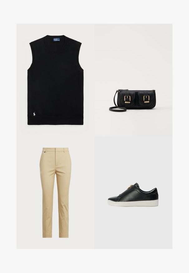 Črn brezrokavnik iz bombaža s krožnim izrezom. Ima majhen bel logotip v spodnjem levem vogalu in rebrast rob.; Bež hlače s ravnim krojem. Narejene iz gladkega materiala, z običajnim pasom in subtilnimi stranskimi šivi.; Črne usnjene čevlje s potiskom, z dvignjenim šivom, srebrnimi dodatki na zgornjem delu in belim gumijastim podplatom z utisnjenim logotipom.; Črna usnjena torbica čez ramo z dvema sprednjima žepoma, zlatimi zaponkami, zadrgo in ozkim pasom. Tekstura površine je strukturirana, obliko pa ima kompaktno pravokotno.