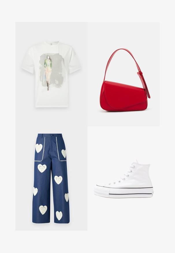 Witte T-shirt met een aquarelillustratie van een figuur in een groene blazer en een roze rok tegen een grijze achtergrond. Korte mouwen.; Sister Jane HEART TO HEART - Straight leg jeans - blue denim; Witte high-top canvas sneakers met een zwarte rubberen zool, een rubberen neuskap aan de voorkant en zes gaatjes voor veters, met een schone, minimalistische uitstraling.; Rode leren handtas met een hoekig, geometrisch ontwerp. Beschikt over een enkele verstelbare schouderriem en een klepclosure met gestikte details.