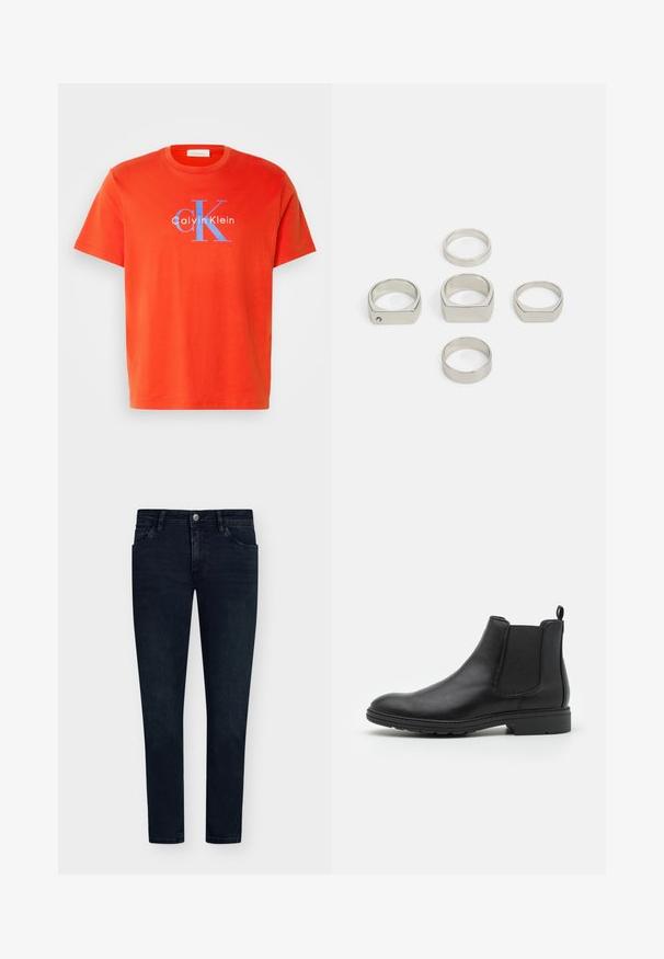 Punane puuvillane T-särk lühikeste varrukatega, mille ees on sinine "Calvin Klein" logo ja "CK" disain. Lihtne ümmargune kaelus.; Tumed sinine teksariie, kitsas lõige, viie tasku disain, nööpidega sulgemine ja minimaalne kulumine. Lame esipind ja kitsad sääreotsad.; Mustat nahast Chelsea saapad elastsete külgpaneelide ja tõmbeotsaga, ümarate varvaste ja tekstuurse kummitaldiga.; Kuuest metallpildist hõbedast sõrmuste komplekt, mis sisaldab erinevaid kujundeid, sealhulgas ümmargusi ja ruudukujulisi, millel on siledad tekstuurid ja minimalistik disain.