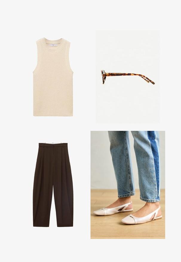 Virkat ärmlöst linne i elfenben med ribbat mönster, bred rund halsringning och ren, minimalistisk design utan synliga knäppningar.; Bruna högmidjade byxor med veck, tillverkade av slätt tyg. Lätt lös passform, rak bendesign, med bältesöglor och dragkedja.; Ljust rosa slingback-lägenheter med spetsig tå, tillverkade av ett slätt läderliknande material. Har utskurna detaljer på sidorna och en platt häl.; Sköldpaddsmönstrade solglasögon med en tjock ram, lätt böjda skalmar och en jämn yta. Har en klassisk design med en glansig finish.