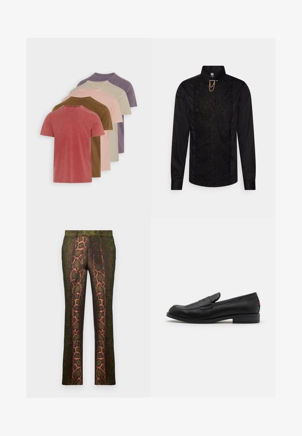 Zestaw pięciu bawełnianych t-shirtów z krótkim rękawem w różnych stonowanych kolorach: czerwonym, brązowym, różowym, beżowym i fioletowym. Każdy z nich ma okrągły dekolt.; Czarna koszula z długim rękawem z centralną koronkową wstawką, złotym łańcuchem i kołnierzykiem. Gładka faktura na całej powierzchni.; Zielone spodnie w wzory z nadrukiem węża w odcieniach brązu i pomarańczy, o prostym kroju i gładkiej teksturze.; Czarne skórzane loafersy o gładkim wykończeniu, zaokrąglonym czubku i małym dekoracyjnym klapku. Posiadają niską, warstwową podeszwę oraz subtelny detal z brandingiem.