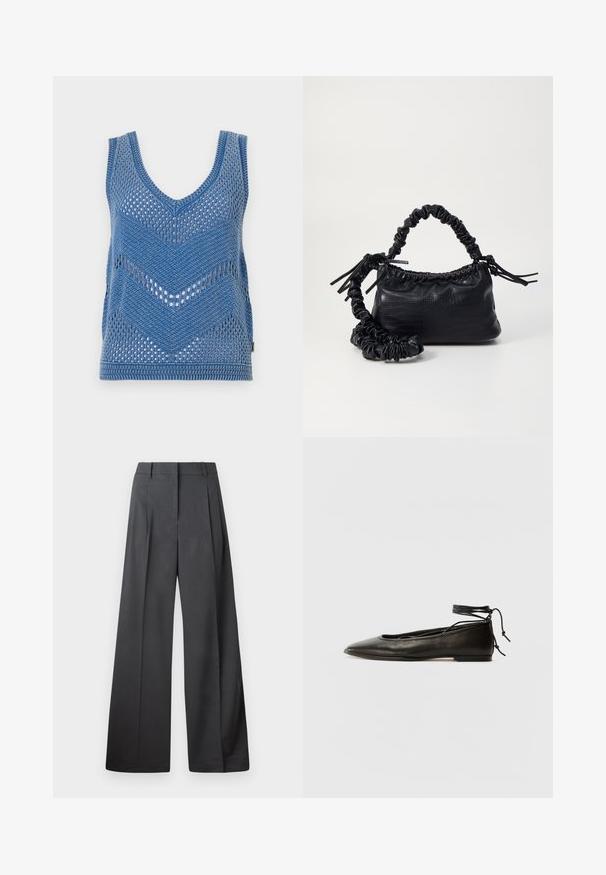 Sinine kudumine tank top, millel on sügav V-kaelus, chevron-muster ja avatud sissetöötatud disain. Servadel on kindel kudumisviimistlus.; Tumesed püksid tumesinises kangas, kõrge vöökoht, üks voldik ning sile struktuur puhaste ääristega.; Must mustast balletijalatsid, millel on terav nina, pahkluu seotud ja lame tall, sujuva tekstuuri ning minimalistlik disain.; Must must sünteetilisest nahast käekott, millel on krokodillimuster, kokku tõmmatav ülaosa ja kortsus rihm. Tundub pehme ja kompaktne disain.