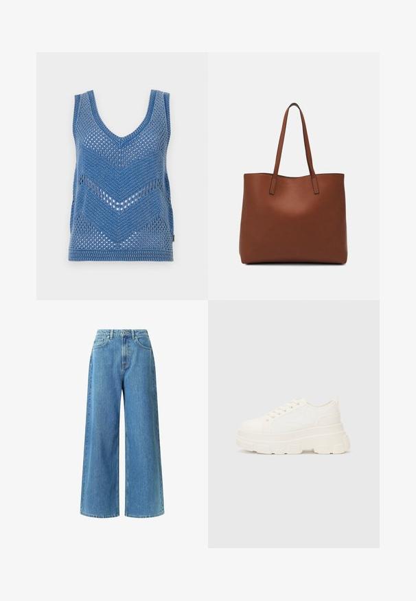 Sinine kudumine tank top, millel on sügav V-kaelus, chevron-muster ja avatud sissetöötatud disain. Servadel on kindel kudumisviimistlus.; Laia jalgadega teksad helesinisest denimist, kõrge vöökohaga, kahe esipocketiga, vöölingiga ja kergelt tekstuuriga mustriga.; Valge kangast tennis, millel on paks tald, ümar varvas ja viis augukeed lakkide jaoks. Tagumine silt lihtsaks jalga panemiseks. Sile tekstuur, minimalistik disain.; Pruun nahast tote-kott, millel on sile tekstuur, avatud ülaosa disain ja kaks õlarihma. Omab minimaalset õmblust ja nähtavat riistvara ei ole.