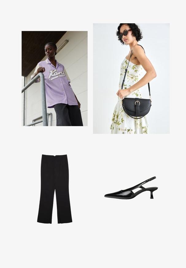 Svetlo lilav s kratkimi rokavi s kremnim ovratnikom, ki ima velik bel pisani logotip spredaj. Model stoji ob kovinskem ograji.; Črne hlače ravnega kroja z naglavnimi žepi in stranskimi razporki na robu. Narejene iz mehke, gladke tkanine. Primerne za različne priložnosti.; Črne patentični usnjeni salonarji s slingback designom, z zašiljenim nosom, izrezanim stranskim dizajnom in majhnim kvadratnim peto. Gladka tekstura z minimalnimi detajli.; Črna usnjena torbica s ukrivljeno obliko, z odstranljivo naramnico in zlatimi dodatki. Torbica ima pokrov s podrobnostmi v obliki zaponke.