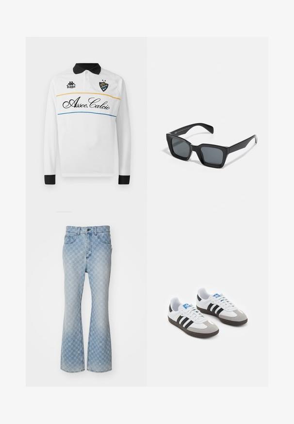 Balts garo piedurkņu polo krekls ar melnu apkakli un aprocēm. Iezīmēts ar horizontālu dizainu ar dzeltenām un zilu svītrām. Kappa logo un "Assoc.Calcio" rakstiskā veidā.; Gaiši zila džinsu flared bikses ar visaptverošu logo rakstu, piecām kabatām, pogu aizdari un nedaudz izbalējušu apdari.; Sporta apavi ar balto ādas virsu, pelēku zamšādas purngalu un trim melnām svītrām. Iezīmē zilu logotipu uz mēles un teksturētu gumijas zoli.; Melni taisnstūra saulesbrilles ar tumšiem stikliem. Plastmasas rāmis ar spīdīgu apdari, ar plašu tiltu un nedaudz sašaurinātām kājiņām.