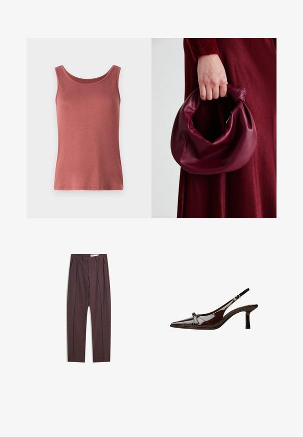 Piros pamut trikó széles pántokkal és kerek nyakkivágással, sima textúrával és testhezálló sziluettel. Nincsenek minták vagy díszítések.; Lila csíkos nadrág pliszírozott részletekkel, magas derékkal és egyenes szárú fazonnal. Simább, textúrált anyagból készült.; Barna lakkbőr slingback cipő hegyes orral, alacsony sarkal és díszes masnival elöl. Simma, fényes felület.; Burgundi bőrtáska puhán ráncolt dizájnnal és kerek alakban. A fogantyú rögzítve van, sima textúrával rendelkezik.
