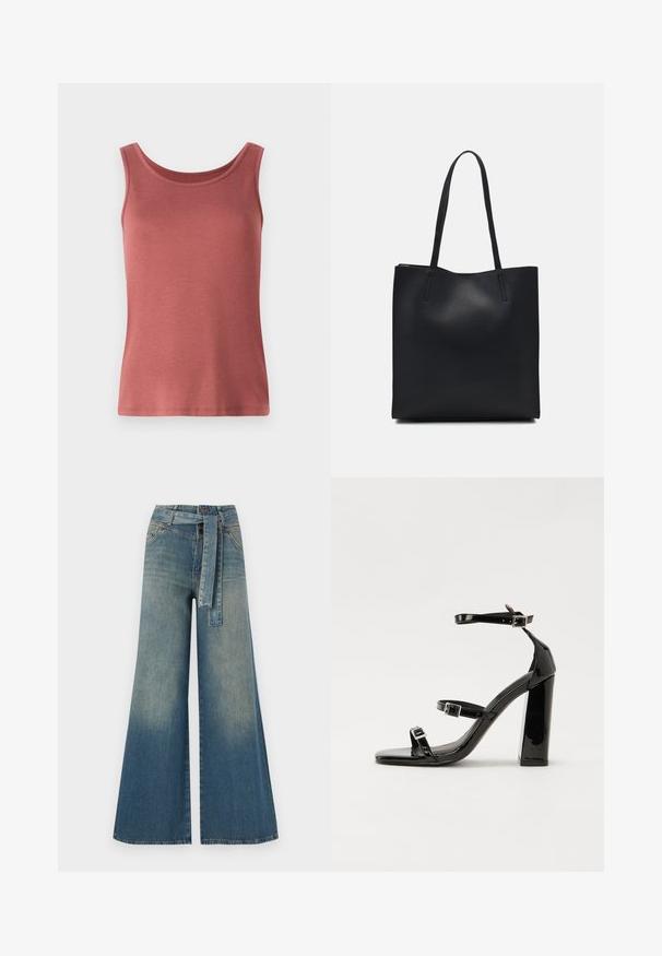 Red cotton tank top with a scoop neck and wide straps, featuring a smooth texture and a fitted silhouette. No patterns or embellishments.; Wide-leg denim trousers featuring a light to dark blue gradient, high waist, belt loops, and a matching fabric belt. Textured denim finish.; Black patent heeled sandals with a square toe, ankle straps, and silver buckles. Features a chunky block heel for stability.; Black leather tote bag with smooth texture, rectangular shape, and two long handles. No visible hardware or embellishments.