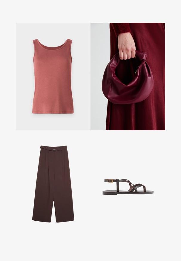 Rød bomulds tanktop med rund hals og brede stropper, der har en glat tekstur og en tætsiddende silhuet. Ingen mønstre eller udsmykninger.; Stradivarius WIDE-LEG WITH BUCKLE DETAIL - Bukser - dark brown; Brune lædersandal med krydsende stropper, ankelspænde og en flad sål med minimale syninger.; Bordeaux læderhåndtaske med et blødt, samlet design og en rund form. Håndtaget er sikret og viser en glat tekstur.