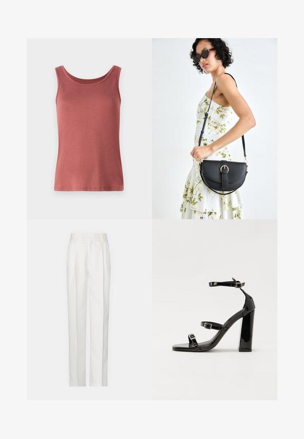 Camisola sem mangas de algodão vermelho com decote arredondado e alças largas, apresentando uma textura suave e um silhueta ajustada. Sem padrões ou adornos.; Calças brancas com riscas verticais e um design de perna reta, feitas de um tecido leve. Apresentam pregas na frente e uma cintura tradicional.; Sandálias de tacão preto laqueadas com bico quadrado, tiras para o tornozelo e fivelas prateadas. Apresentam um salto bloco chunky para estabilidade.; Bolsa de couro preta com forma curva, alça destacável e detalhes em dourado. A bolsa possui uma aba com detalhe de fivela.