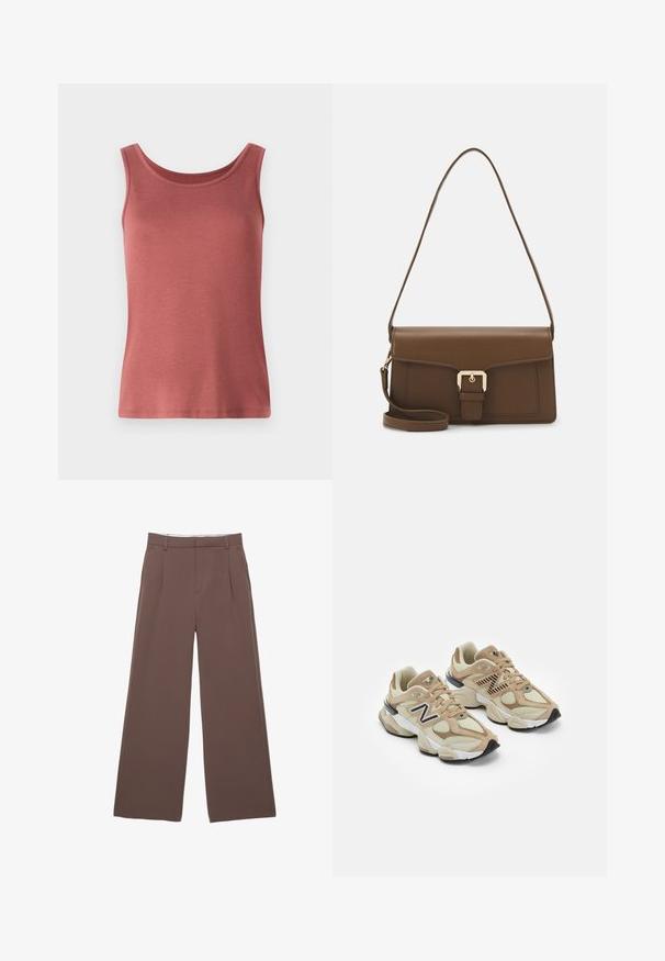 Červený bavlněný top bez rukávů se zaobleným výstřihem a širokými ramínky, s hladkou strukturou a přiléhavým střihem. Bez vzorů nebo ozdob.; Široké kalhoty z jednobarevné hnědé látky, s hladkou texturou, předními záhyby a vysoce kvalitním pasem. Bez viditelných log nebo vzorů.; Béžové tenisky vyrobené z materiálů síťoviny a semiše. Obsahují černé logo a texturované prvky. Silná bílá mezipodešev a černá gumová podrážka.; Hnědá kožená kabelka obdélníkového tvaru s přední klopou, zlatými kovovými prvky a dlouhým nastavitelním popruhem.