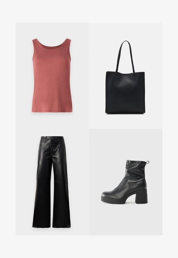 Rød bomulds tanktop med rund hals og brede stropper, der har en glat tekstur og en tætsiddende silhuet. Ingen mønstre eller udsmykninger.; Sorte high-waisted bukser i bred ben i imiteret læder med forreste knap, lynlås, bæltestropper og sidelommer på hvid baggrund.; Sorte ankelstøvler lavet af glat læder, med en sidelukning, kraftig struktureret hæl og rundt tådesign.; Sort læder tote taske med glat tekstur, rektangulær form og to lange hanke. Ingen synlig hardware eller udsmykninger.