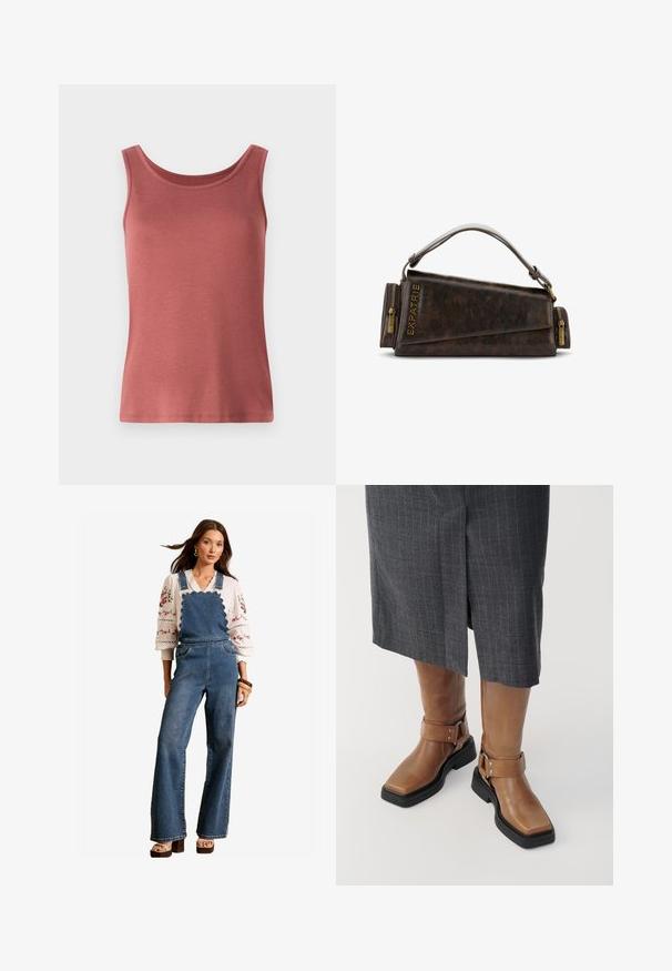 Piros pamut trikó széles pántokkal és kerek nyakkivágással, sima textúrával és testhezálló sziluettel. Nincsenek minták vagy díszítések.; Denim overáll, hullámos mintával a mellrészen, trapéz lábakkal és oldalsó zsebekkel. Fehér hímzett blúzzal és fa kiegészítőkkel párosítva.; Barna bőr térd fölé érő csizmák négyzet alakú orral, fekete gumi talppal és állítható csattal. Egy szürke csíkos szoknyával viselve.; Barna bőr kézitáska geometrikus mintával, felső fogantyúval és sárgaréz cipzár díszítéssel. A logó a táska oldalán van bedomborítva.