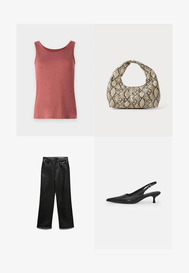 Red cotton tank top with a scoop neck and wide straps, featuring a smooth texture and a fitted silhouette. No patterns or embellishments.; Black faux leather wide-leg pants with front pockets, belt loops, and subtle sheen. Smooth texture and tailored fit.; Black leather slingback shoe with a pointed toe and a slim, curved heel. Features a discrete adjustable strap with a metal buckle.; Snake-print handbag with a curved handle. Made from textured, beige and brown materials, featuring a distinctive diamond pattern.