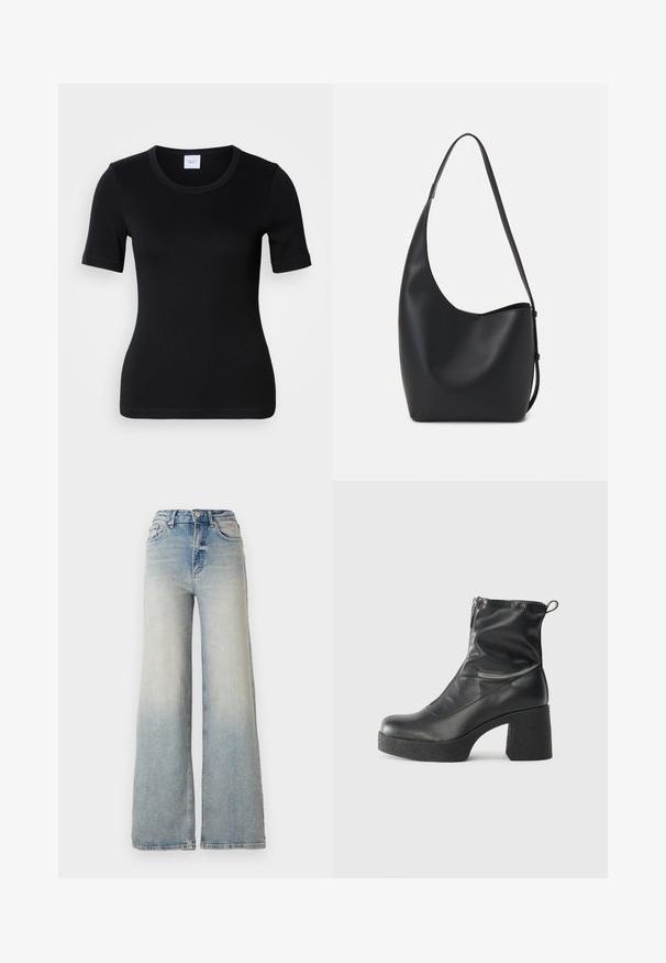 Black short-sleeve t-shirt made from soft cotton. Features a round neckline and a slim fit with minimal stitching details.; Light blue wide-leg jeans made of denim, featuring a high waist, five pockets, and visible stitching along the seams.; Black ankle boots made of smooth leather, featuring a side zipper, chunky textured heel, and rounded toe design.; Black leather hobo bag with a smooth texture, curved shape, and single adjustable strap; features a wide opening at the top.