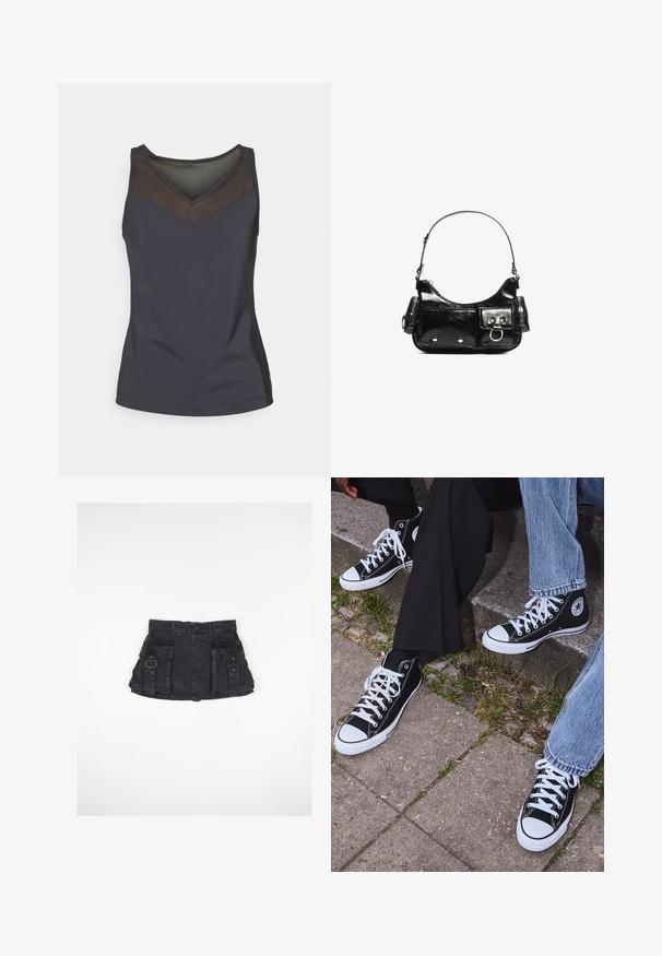 Fila ANGELIKA - Top - black; Črna denim mini krilo z dvema sprednjima žepoma, stranskimi sponkami in prilegajočim pasom. Ima gladko teksturo in ravno spodnje rob.; Črne visoke platnene teniske z belimi gumijastimi podplati in vezalkami, z ovalnim logotipom na strani, v kombinaciji z džinsom in črnimi hlačami.; Črna lakasta usnjena torbica s ukrivljeno obliko, enim ramenskim trakom, sprednjimi žepi in srebrnimi kovinskimi dodatki.