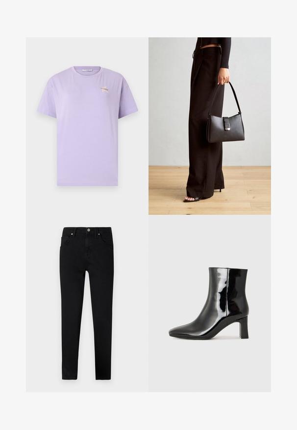 Lavendel kortärmad t-shirt av mjuk bomull med rund halsringning. Har en liten broderad design på bröstet.; Svarta denimjeans med slim fit, med knappstängning fram, bälteshällor och klassisk femfickorsdesign. Slät textur.; Svart lackläder ankelboot med spetsig tå och en medelhög klack. Slät textur och minimalistisk design.; Svart handväska med strukturerad form, slät yta och metallspänne. Matchad med vida svarta byxor och sandaler med öppen tå på trägolv.