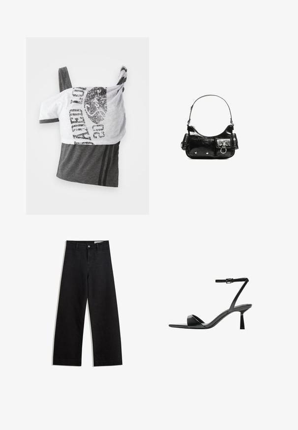 Graues und weißes Tanktop mit einem grafischen Druck, asymmetrischem Design, weichem Stoff und dünnen Trägern. Zwei horizontale Streifen auf dem grauen Abschnitt.; Schwarze weit geschnittene Jeans mit hoher Taille, ausgestattet mit Vorder- und Hintertaschen, gesteppten Nähten und einem Knopfverschluss. Glatte Textur.; Bershka High Heel Sandalette - black; Schwarze Lackleder-Handtasche mit geschwungenem Design, einem Schulterriemen, Vordertaschen und silberfarbenen Hardware-Akzenten.