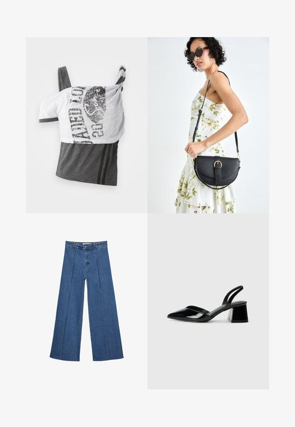 Siv in bel top z brezrokavnikom s grafičnim tiskom, asimetrično zasnovo, mehkim materialom in tankimi naramnicami. Dve horizontalni črti na sivem delu.; Jeans širokih nogavic v srednji modri barvi, z visokim pasom, gumbom in kontrastnimi navpičnimi šivi spredaj.; Črne lakirane slingback pete s koničastim nosom in geometrijsko blokasto peto. Imajo eleganten, minimalističen dizajn in gladko teksturo.; Črna usnjena torbica s ukrivljeno obliko, z odstranljivo naramnico in zlatimi dodatki. Torbica ima pokrov s podrobnostmi v obliki zaponke.