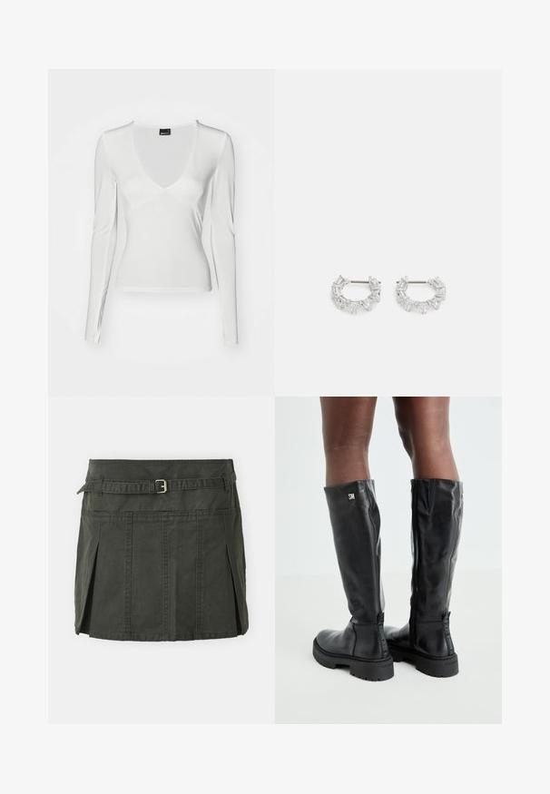 Valge pika varrukaga pluus sügava V-kaelusega ja keha lähedase siluetiga. Valmistatud siledast kangast, millel on õmbluse detailid ja kerge läige.; Tume roheline puuvillane mini-seelik, mis on kätkestatud vöökoht, vöö ja esipleatiga. Omab õmblusdetailsusi ja klassikalist lõiget.; Mustad põlvikõrgused mustad nahast saapad, millel on sile tekstuur, ümar varvas, paks põhi ja tõmblukk. Küljel on hõbedane logo.; Hõbedased rõngakõrvarõngad, millel on selged, ristkülikukujulised ja kolmnurkse kujuga kristallid, mis on paigutatud mustriga disaini. Kõrvarõngaid kinnitavad postid, et tagada kindel kinnitamine.