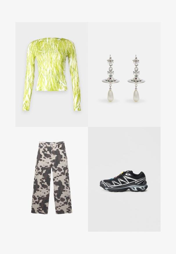 Dlouhý rukáv top v jasné limetkové barvě s bílým abstraktním vzorem, který má přiléhavý střih a kulatý výstřih.; Široké džíny v béžové barvě s hnědým vzorem kravské srsti. Mají zapínání na knoflík a design s pěti kapsami. Vyrobeny z denimu.; Černá běžecká bota se stříbrnými akcenty, materiál GORE-TEX, strukturovaná podrážka a barevné šňůrky. Má polstrovanou patu pro podporu.; Stříbrné náušnice s kruhovým kroužkem, zdobené třpytivými kameny a kapkovou perlou jako přívěskem. Výrazný design s propracovanými detaily.