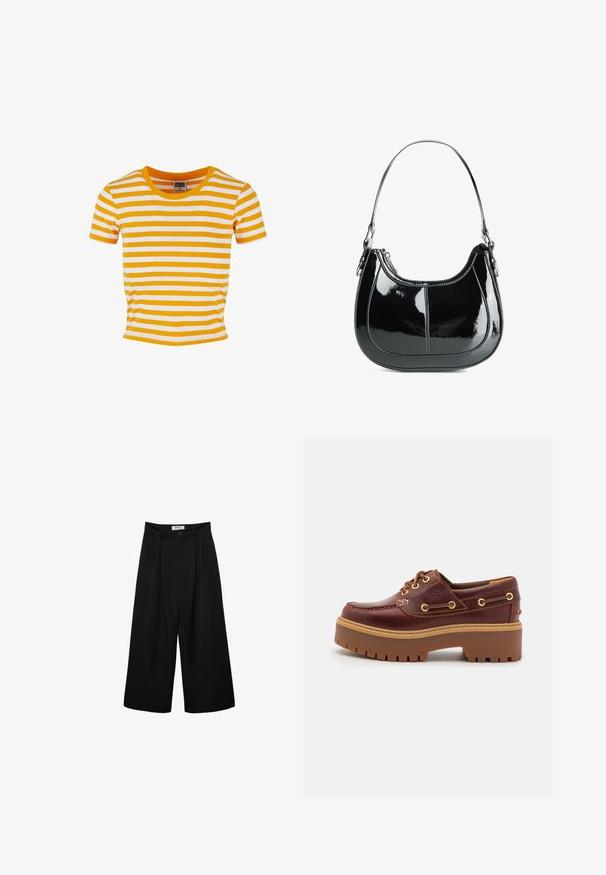 Gul og hvid stribet kortærmet t-shirt med rund hals og en tætsiddende pasform, lavet af et blødt, let materiale.; Sorte brede bukser med høj talje, plisseret front og knaplukning. Lavet af glat stof med en skræddersyet design.; Brune læder bådsko med en kraftig brun gummisål, gyldne snørehuller og kontraststing. Har et logo på siden.; Sort patent læder håndtaske med en buet design, lynlåslukning og en enkelt skulderrem med sølvfarvet hardware og syninger som accents.