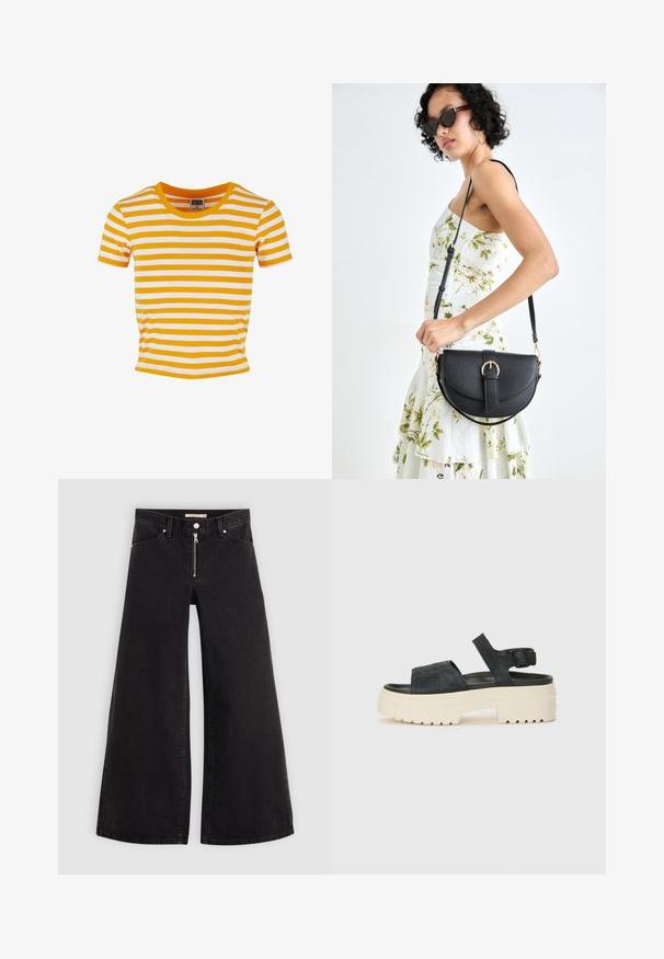 Gul og hvid stribet kortærmet t-shirt med rund hals og en tætsiddende pasform, lavet af et blødt, let materiale.; Vide ben jeans i sort denim med lynlås foran, fem lomme-design og subtile stikninger. Glat tekstur og afslappet stil.; Sorte ruskinds platform sandaler med en kraftig hvid sål, bred frontrem og justerbar ankelrem. Tekstureret ydersål for godt greb.; Sort læderhåndtaske med en buet form, aftagelig rem og guldfinish. Tasken har en klap med en spænde detalje.