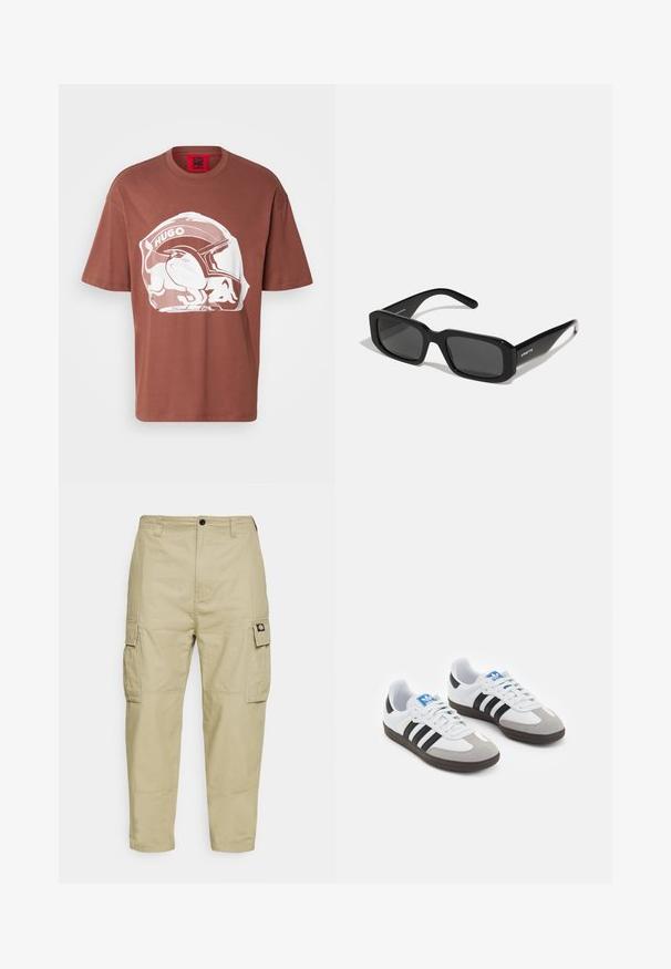 HUGO DIT - T-shirts print - medium brown; Beige cargo bukser lavet af slidstærkt stof, med to sidelommer, knaplukning og smalle ben med en glat overflade.; Sportsko med en overdel i hvid læder, grå ruskind på tåen og tre sorte striber. Har et blåt logo på tungen og en struktureret gummisål.; Arnette THEKIDD UNISEX - Solbriller - black