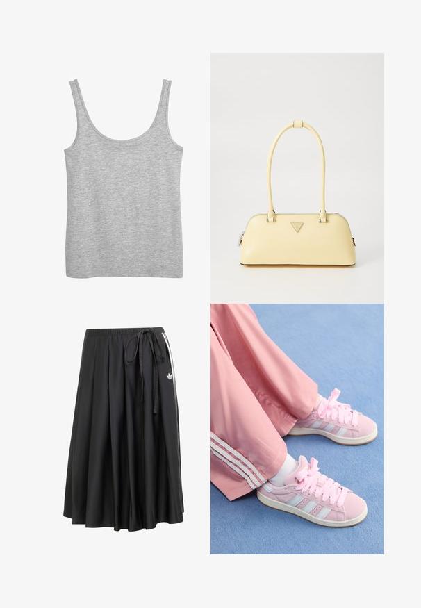 Gray tank top made of soft cotton material, featuring wide shoulder straps and a scoop neckline. Smooth texture and no visible patterns.; Black midi skirt with elastic waistband, side tie, white stripes, and Adidas trefoil logo on the right side.; Pink athletic shoes with light blue stripes, round toe, and thick pink laces, paired with pink track pants featuring white side stripes.; Yellow patent leather handbag with a rounded shape, single top handle, and a silver logo plate. Features a zip closure and smooth texture.