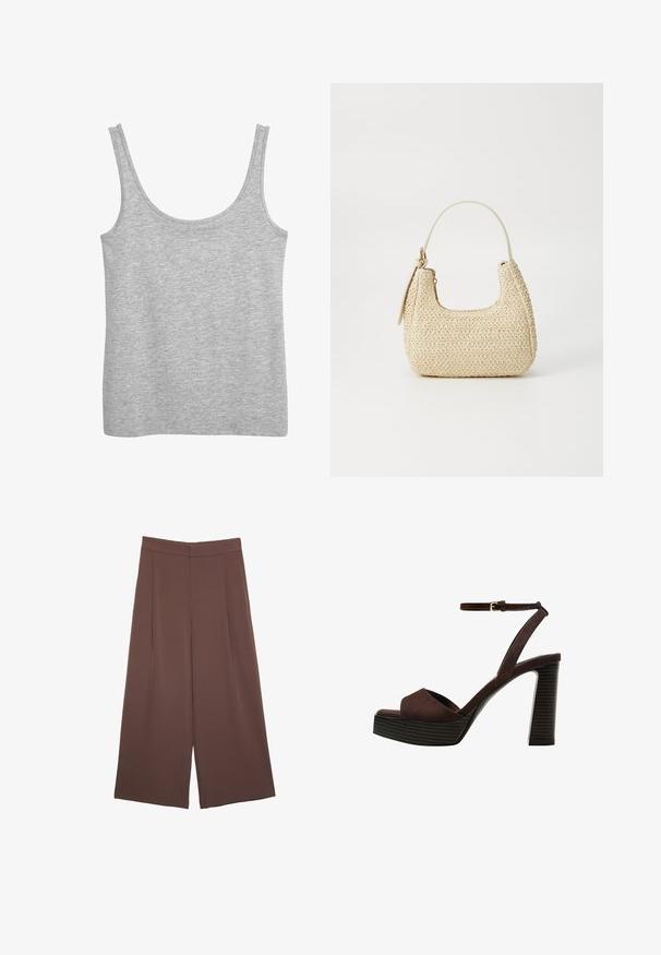 Grå tanktop lavet af blødt bomuldsstof, med brede skulderstropper og rund halsudskæring. Glat tekstur uden synlige mønstre.; Brune bredbunde bukser med en glat tekstur, der har høj talje og plisseringer foran. Stoffet er let og falder løst.; Brune ruskinds højhælede sandal med åben tå, justerbar ankelrem og en stribet plade sål.; Vævet stråhåndtaske i beige med en buet form, en kort håndtag og en sidelomme med lynlås. Har tekstureret overflade og minimalistisk design.