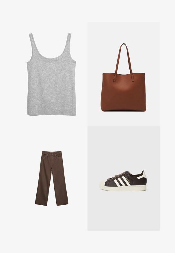 Sivi top bez rukava napravljen od mekog pamučnog materijala, s širokim naramenicama i izrezom u obliku supe. Glatka tekstura i bez vidljivih uzoraka.; Proširene smeđe traperice od denima, s visokim strukom, prednjim džepovima i klasičnom kopčom na dugme. Glatka tekstura s suptilnim šavovima.; Niska Adidas Superstar tenisica od tamnobraon kože s krem školjkastim vrhom, bijelim prugama i natpisom "Superstar" sa strane.; Smeđa kožna torba preko ramena s glatkom teksturom, otvorenim vrhom i dvjema naramenicama. Ima minimalne šavove i nema vidljivog hardvera.