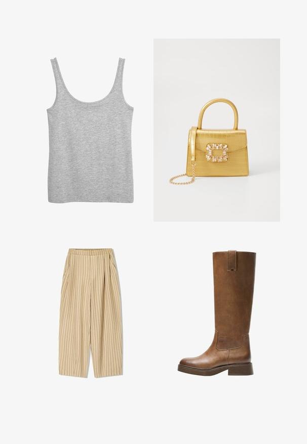 Šedý tílko vyrobené z měkké bavlny, s širokými ramínky a výstřihem ve tvaru lodi. Hladká textura a žádné viditelné vzory.; Beige pruhované kalhoty s elastickým pasem, dvěma bočními kapsami, volným střihem a vertikálními černými pruhy pro detail.; Hnědé kožené vysoké boty na kolena s kulatou špičkou, texturovaným povrchem a nízkým patem s podstavcem. Obsahují boční panel a poutko na horní části.; Žlutá kabelka z umělé krokodýlí kůže se strukturovaným designem, horním uchopem, odnímatelným řetízkovým popruhem a dekoračním krystalovým zdobením na zapínání.