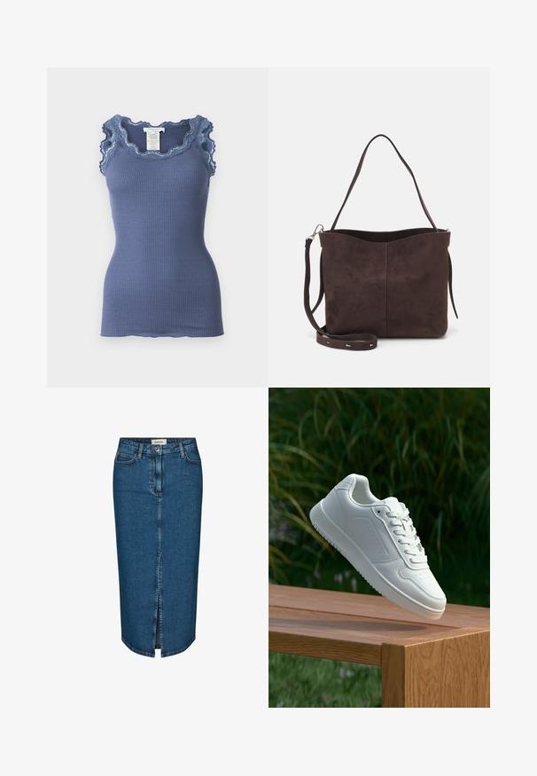 Kék bordázott ujjatlan felső, fodros csipke díszítéssel a nyakkivágásnál és a vállpántoknál, szoros illeszkedéssel és puha tapintással.; Sötétkék farmer ceruzaszoknya, elülső hasítékkal, öt zsebbel és kontrasztos varrással. Közepes derékmagasság, klasszikus dizájn.; Fehér sportcipő sima szintetikus felsőrésszel, perforált lábujjrész, lapos fűzőkkel és texturált talppal, fából készült felületen kihelyezve.; Barna velúrbőr táska puha tapintással, egyetlen vállpánttal és finoman ívelt felső nyitással. Nincs látható fémrész.