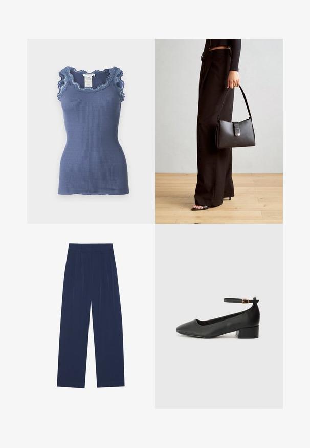 Rebrast modra majica brez rokavov z valovitimi čipkastimi robovi ob dekolteju in ramenih, ki ima prilegajoč kroj in mehak otip.; Mornarsko modri široki hlače iz mehkega materiala, ki imajo sprednje drapiranje, gladko teksturo in ravno silhueto brez vidnih žepov.; Črne usnjene pumpice z nazobčanimi prsti in nizko blokasto peto. Imajo trak okoli gležnja z zaponko v zlatem tonu. Gladka tekstura.; Črna torbica z strukturirano obliko, gladko teksturo in kovinskim zaponko. Ujemajo se z širokimi črnimi hlačami in odprtimi sandali na lesenem tleh.
