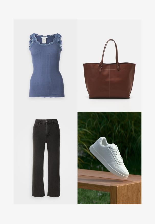 Plavi rebrasti top bez rukava s valovitim čipkastim obrubom duž dekoltea i ramena, s bliskim krojem i mekanom teksturom.; Crne široke traperice, izrađene od denima, s prednjim zatvaranjem na dugme, petljicama za pojas i pet džepova, s malo izblijedjelim dezenom.; Bijela tenisica sa glatkim sintetičkim gornjim dijelom, perforiranim prednjim dijelom, ravnim vezicama i teksturiranom potplatom, prikazana na drvenoj površini.; Smeđi kožni torba s dvostrukim ručkama, s kontrastnim šavovima i prostranim dizajnom, pogodna za svakodnevnu upotrebu.