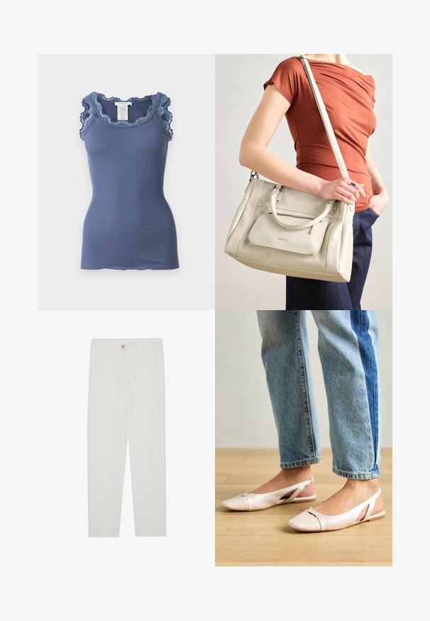 Top sin mangas azul acanalado con borde de encaje ondulado en el escote y los hombros, que presenta un diseño ajustado y una textura suave.; Pantalones blancos, ajustados, con un diseño de pierna recta, que cuentan con un cierre de botón, lazos para cinturón y bolsillos laterales; textura de tela suave.; Bailarinas de color rosa pálido con tiras traseras y punta puntiaguda, fabricadas con un material similar al cuero suave. Presentan detalles recortados en los laterales y un tacón plano.; Bolso de mano de cuero blanco con asas dobles y correa desmontable, con un bolsillo delantero con cremallera y textura suave. Sosteniéndolo en el brazo de una persona.