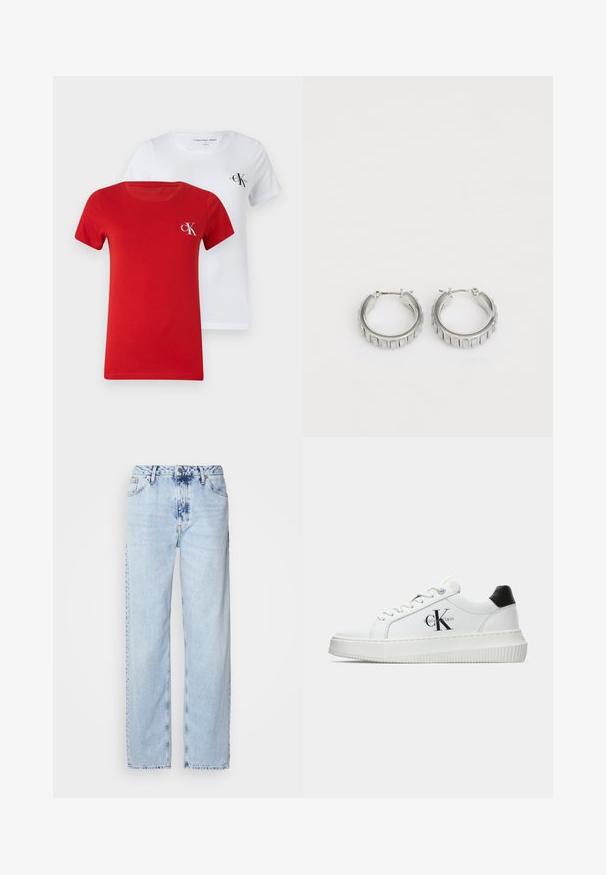 Divi apaļā kakla T-krekli, viens sarkans un otrs balts, izgatavoti no gludas kokvilnas. Katram ir neliels CK logo kontrastējošā krāsā uz krūtīm.; Gaiši zilas platās kājas džinsi, izgatavoti no denima, ar augstu jostas vietu, izbalinātu krāsu un smalku krāsošanas rakstu priekšpusē.; Baltā zema topa sporta apavas ar melnu papēža cilni, platformas zoli, auklēm un Calvin Klein "CK" logo sānos.; Sudraba gredzena auskari ar faktūras dizainu, kas ietver vertikālas rievas. Apaļa forma ar drošu aizdari. Gluda apdare.