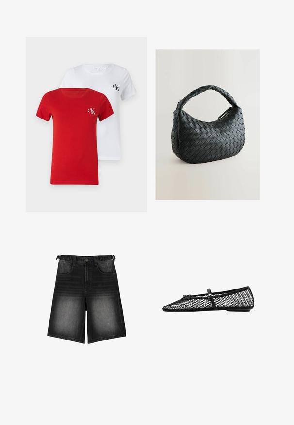 Dve majice s krojem okruglog izreza, jedna crvena i jedna bijela, napravljene od glatkog pamuka. Svaka ima mali CK logo u kontrastnoj boji na prsima.; Črne denim kratke hlače z izbledelim videzom, petimi žepi, gumbom za zapiranje in zankami za pas. Tkanina ima gladko teksturo.; Črne mrežaste balerinke s konično oblikovanim prstom, okrasno zanko in subtilnim poudarkom. Imajo odprt mrežni dizajn in ravno podplat.; Črna pletena torbica z zaobljeno obliko, teksturirano površino in debelim pletenim ročajem. Ima zadrgo za varno shranjevanje.