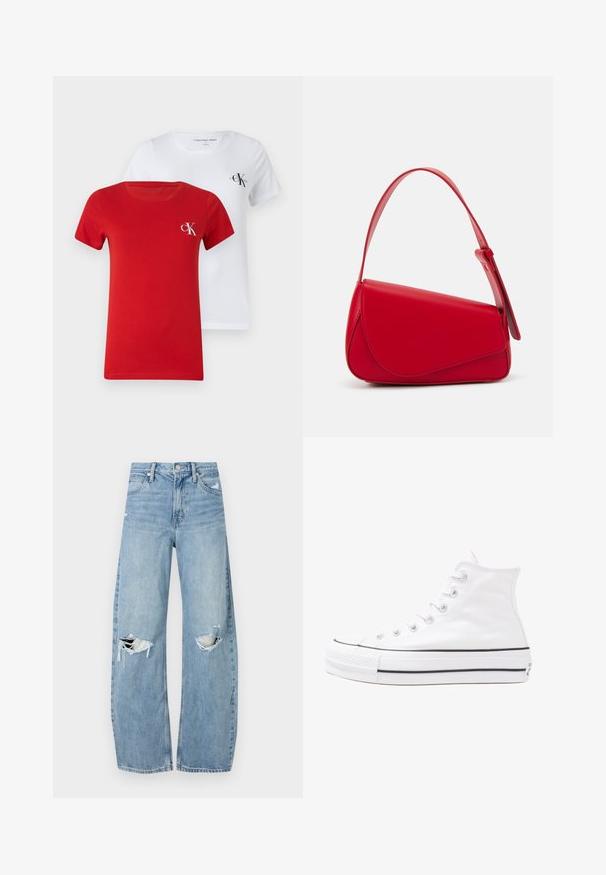 Dos camisetas de cuello redondo, una roja y una blanca, hechas de algodón suave. Cada una presenta un pequeño logo de CK en un color contrastante en el pecho.; Vaqueros de mezclilla de tiro alto en azul claro. Tienen piernas anchas, dos áreas desgastadas en las rodillas y un estilo clásico de cinco bolsillos.; Zapatilla de lona alta blanca con suela de goma negra, puntera de goma frontal y seis ojetes para los cordones, que presenta un diseño limpio y minimalista.; Bolso de cuero rojo con un diseño angular y geométrico. Cuenta con una única correa ajustable y un cierre de solapa con detalles de costura.