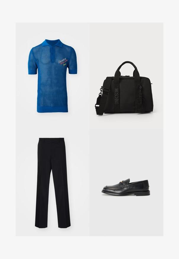 Zils adīts polo krekls ar sietveida dizainu, īsām piedurknēm, strukturētu apkakli un krāsainu izšūtu logo priekšpusē.; Melnas šūtu bikses ar platu kāju dizainu, ar gludu tekstūru un asiem locījumiem, izgatavotas no austas auduma.; Melnā ādas mokasīni ir ar noapaļotu purngalu, šūšanas detaļām un nelielu zelta akcentu priekšpusē. Zole ir plaka un diskrēta.; Melnas tekstila soma ar divām rokturiem un noņemamu plecu siksnu. Iezīmēta ar iegravētu logo un ādas piekariņu. Gluda tekstūra, taisnstūra forma.