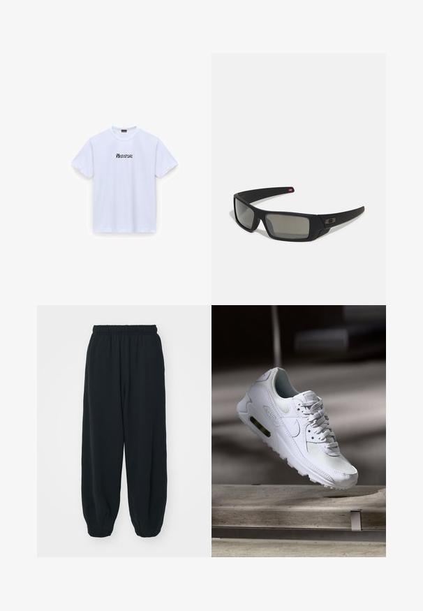Bela bombažna majica s kratkimi rokavi, okroglo ovratnikom, na sprednji strani z črnim stiliziranim napisom "Wonderful". Gladka tekstura, standardna kroja.; Črne, elastične hlače za prosti čas z ohlapnim krojem, manšetami na gležnjih, gladko teksturo in brez vidnih vzorcev ali dodatkov.; Bela Nike Air Max 90 športna obutev z mrežastim in usnjenim zgornjim delom, perforiranim prstnim delom in vidno zračno enoto v peti.; Crne sončne naočale s mat površinom, pravokutne leće, blagi luk na sljepilima, diskretna oznaka i leće sa dimnim nijansama.