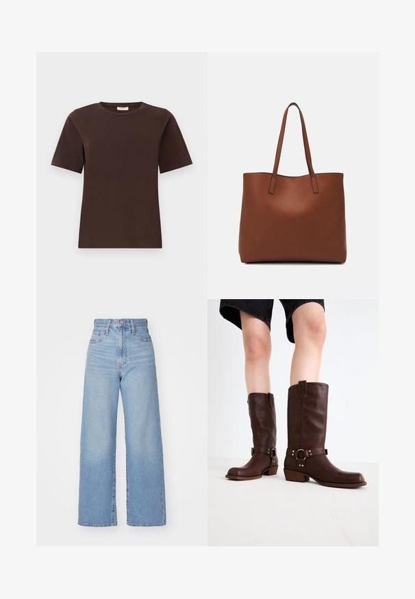 Barna pamut póló klasszikus kerek nyakkal, rövid ujjakkal és egyenes szegéllyel. Puha tapintású, minta vagy díszítés nélkül.; Világoskék, magas derekú, bő szárú farmernadrág, elülső gombbal és cipzárral, elülső és hátsó zsebekkel, fehér háttérrel.; Barna bőr, térd feletti csizmák kerek orral, textúrázott felülettel, bokapánttal és ezüst hardware részletekkel; rétegezett sarokkal.; Barna bőr vászontáska sima textúrával, nyitott tetejű dizájnnal és két vállpánttal. Minimális varrással és látható hardver nélkül készült.