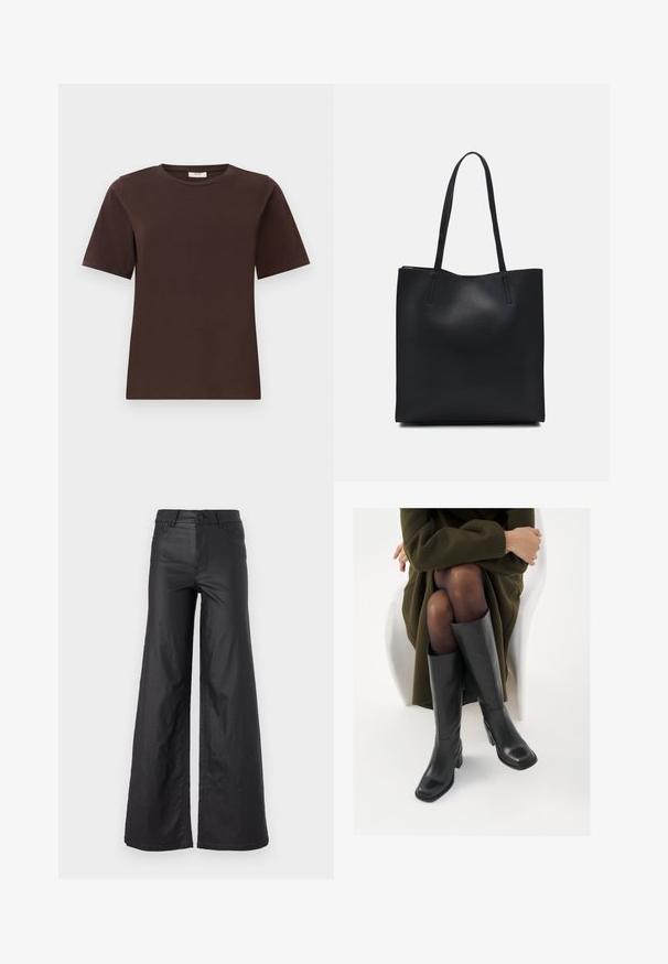 Hnědé bavlněné tričko s klasickým kulatým výstřihem, krátkými rukávy a rovnými lemy. Měkká textura, žádné vzory ani ozdoby.; Černé kalhoty s širokými nohavicemi ze syntetické kůže. Mají vysoký pás, poutka na opasek, dvě přední kapsy a prošívané detaily.; Černé kožené boty po kolena s hranatou špičkou a blokovým podpatkem, předvedené na modelce sedící v olivově zeleném kabátu. Hladký povrch, minimalizované detaily.; Černá kožená taška přes rameno s hladkým povrchem, obdélníkovým tvarem a dvěma dlouhými uchy. Žádné viditelné kování ani ozdoby.