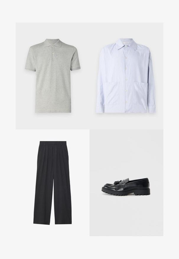 GAP Polosärk - heather grey; Ribade pikend särgid helesinises ja valges, klassikalise krae, nööpidega esiosa ja kahe esikotiga. Sile puuvillane kangas.; Laiene püksid, mis on valmistatud tumedast hallist kangast. Omavad vööümbrikus voldikuid, on kohandatud disainiga ja sirge siluett.; Musthave nahkased mustad loafers, millel on läikiv viimistlus, turske kummitald ja dekoratiivne fraktsioon ees.