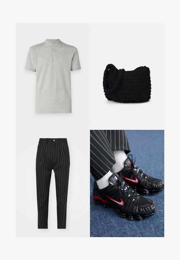 GAP Polotričko - heather grey; Černé pruhované kalhoty s přiléhavým střihem, se zapínáním na knoflík vpředu, poutky na opasek a hladkou texturou látky.; Černé sportovní boty s červenými a stříbrnými akcenty, síťovinou a texturovanými syntetickými materiály, šněrováním a viditelnou tlumicí podrážkou.; Černá látková taška s texturovaným, prošívaným vzorem. Zaoblený tvar, krátké, silné uchy a měkká, flexibilní struktura.