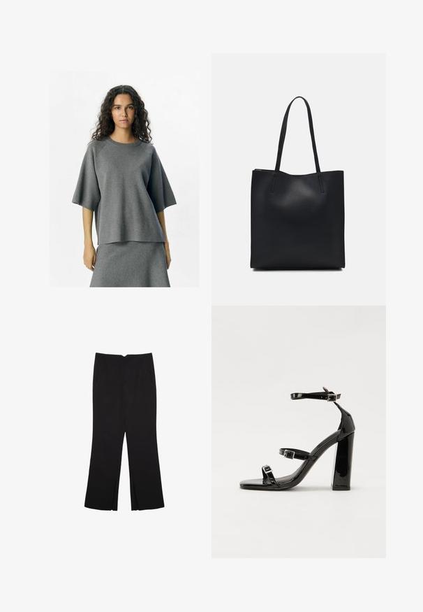Siv pulover z ohlapnim krojem, raglan rokavi in okrogel izrez. Material ima mehko teksturo, v kombinaciji z ujemajočim se dnom.; Črne hlače ravnega kroja z naglavnimi žepi in stranskimi razporki na robu. Narejene iz mehke, gladke tkanine. Primerne za različne priložnosti.; Črne lakirane sandale s peto, kvadratnim prstom, trakovi okrog gležnja in srebrnimi zaponkami. Opremljene so s stabilno Debelo peto.; Črna usnjena torba s svilnato teksturo, pravokotne oblike in dvema dolgima ročajema. Brez vidnih metalnih delov ali okrasnih elementov.