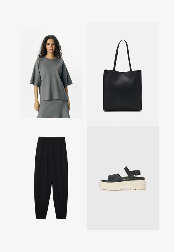 Gray knit top featuring a relaxed fit, raglan sleeves, and a rounded neckline. Material has a soft texture, paired with a matching bottom.; Black, lightweight pants with an elastic waistband and gathered ankles. The fabric is smooth and features a relaxed, tapered design.; Black suede platform sandals with a chunky white sole, wide front strap, and adjustable ankle buckle. Textured outsole for grip.; Black leather tote bag with smooth texture, rectangular shape, and two long handles. No visible hardware or embellishments.