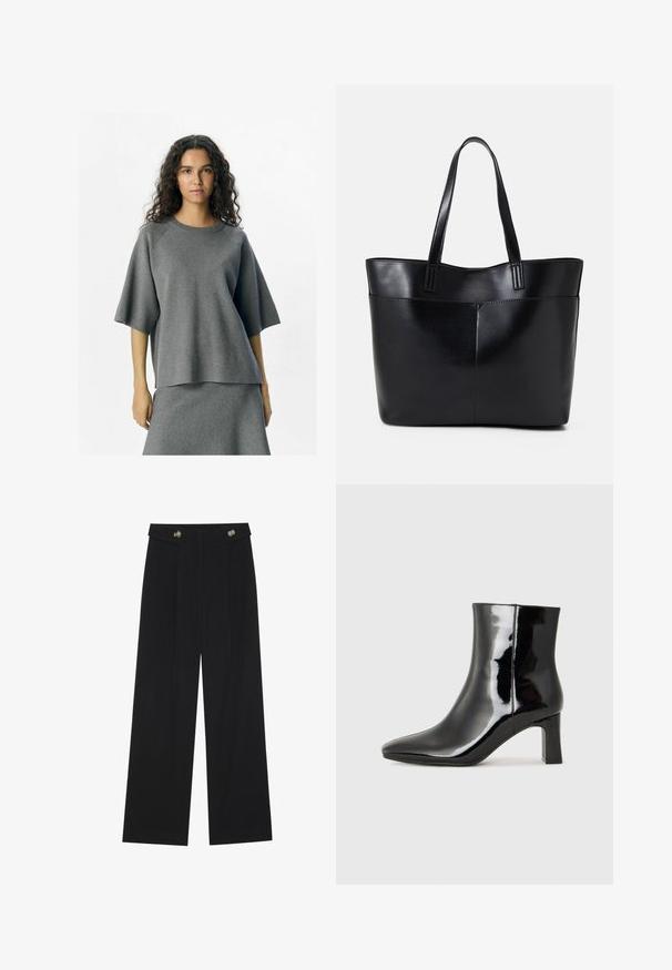 Halliknitted pehmea materjaliga topp, millel on lõdvestatud lõige, raglanvarrukad ja ümar kaelus. Materjal on pehme tekstuuriga, sobitub kokku vastava altkonnaga.; Mustad laiad püksid kõrge vöökoha ja nööpdetailidega vööandil, esikortsudega.; Must-sinine nahkjalats musta läikiva viimistlusega, millel on terav nina ja keskmise kõrgusega plokk konts. Sile tekstuur ja minimalistik disain.; Must mustaga musta nahast, millel on kaks pikka kanda, sile tekstuur ja struktureeritud kuju. Esipoolsel on lisakoti jaoks tasku.